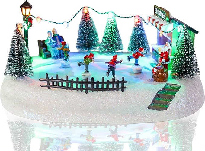 VCUTEKA Christmas Village Houses, Santa Claus with Tree and Rotating Kids Skating Lighted Musical Christmas Village Collectible Building for Xmas Indoor Decorations or Holiday Table Displays