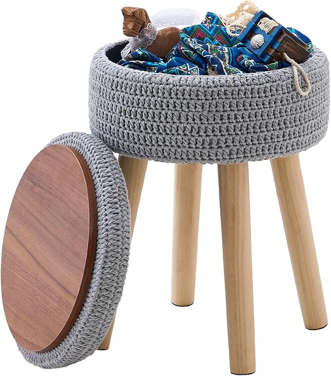 Wimarsbon Pouf Ottoman, 100% Cotton Knitted Boho Footstool, Round Footrest with Non-Skid Wood Legs, Home Décor Handmade Pouffe, Leisure Floor Step Stool for Living Room (High Storage Grey)