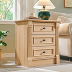 26" Tall Nightstand with Charging Station, Farmhouse 23.6" Wide Large End Table w/Roman Column, Wood Rustic Side Table w/Metal Handle, 3 Drawers Dresser for Bedroom, Living Room, Natrual