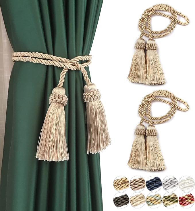 Fenghuangwu Curtain Tiebacks Handmade Decorative Curtain Holdbacks Rope with Tassel (Beige, 2P)