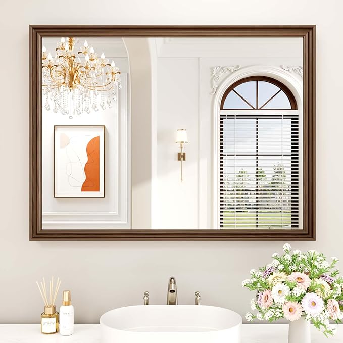WEER Retro Copper Bathroom Mirror, 40x30 Inch Bronze Oil Rubbed Framed Mirror, Rectangle Classic Vintage Framed Wall Mirror, Farmhouse Vanity Mirror, Tempered Glass, Vertically or Horizontally