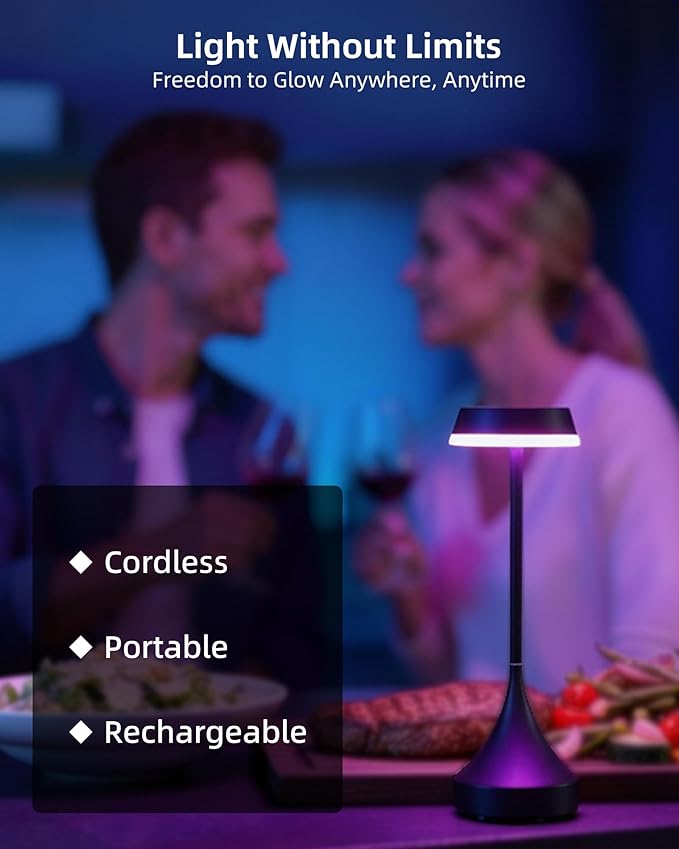 EZVALO Cordless Table Lamps Rechargeable, Portable 6000mAh Battery Operated Table Lamp, 3 Color & RGB Lighting Stepless Dimming Waterproof Table Light for Outdoor/Dinner/Restaurant/Patio/Bar(1 Pcs)