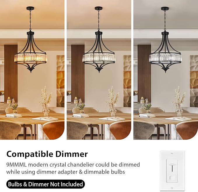 Modern Black Crystal Chandelier, 20 Inch Large Ceiling Pendant Light Fixture with 50'' Adjustable Hanging Chain, 5-Light Farmhouse Chandelier for Dining Room, Living Room, Bedroom, Entryway