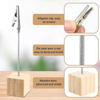 20 Pcs Cube Base Memo Clip Holder with Alligator Clip Wood Table Number Holder Cube Base Place Card Stand Mini Photo Menu Stand for Displaying Number Card (Light Wood Color)