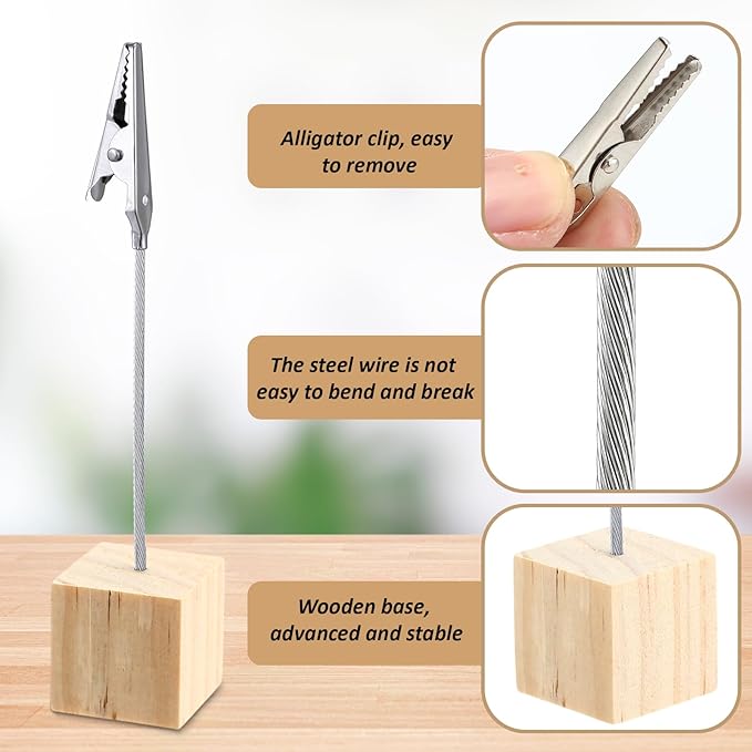 20 Pcs Cube Base Memo Clip Holder with Alligator Clip Wood Table Number Holder Cube Base Place Card Stand Mini Photo Menu Stand for Displaying Number Card (Light Wood Color)