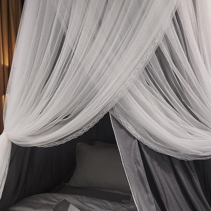 Kertnic Luxurious Bed Canopy for Girls & Adults - Double Layer Princess Canopy with Lace, Round Dome Mosquito Netting for Queen/King Bed Tent (New Gray)