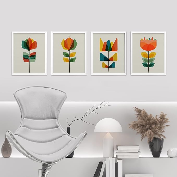 SIGNWIN Framed Mid-Century Modern Retro Botanical Flower Garden Wall Art, Set of 4 Abstract Geometric Wall Decor Prints, Nature Wilderness Wall Décor for Living Room, Bedroom - 11"x14" White