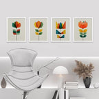 SIGNWIN Framed Mid-Century Modern Retro Botanical Flower Garden Wall Art, Set of 4 Abstract Geometric Wall Decor Prints, Nature Wilderness Wall Décor for Living Room, Bedroom - 12"x16" White