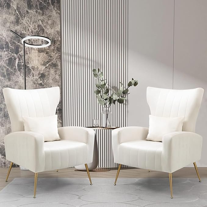 X-VOLSPORT Velvet Accent Chairs Set of 2, Mid Century Modern High Back Living Room Chair with Waist Pillow, Upholstered Arm Chair with Metal Gold Legs for Bedroom, Club, White