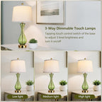 27.5" Coastal Glass Table Lamp Set of 2, 3-way Dimmable Full Touch Control Beach Lamp with USB A+C Port, Green Glass Nautical Bedside Lamp with White Shade for Living Room Bedroom(LED Bulbs Included)
