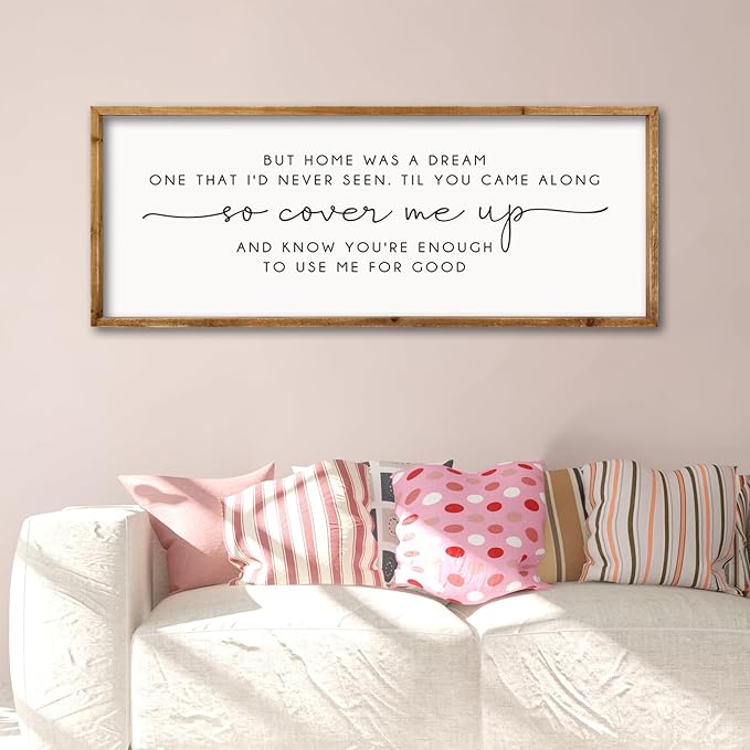 ZZJJHYWGQ Romantic Quote Wall Art So Cover Me Up Sign 32"×12" Inspirational Home Was A Dream Decor Rustic Large Wood Framed Print for Bedroom Living Room Couples Motivational Wall Hanging (Wood)
