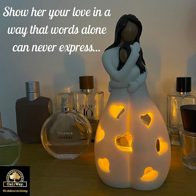 OakiWay Mother-Daughter Love Candle Holder Statue with Flickering LED Candle | Hand-Painted (Dark) - Unique Gifts for Mother's Day, Christmas, Birthday | Greeting Card Included