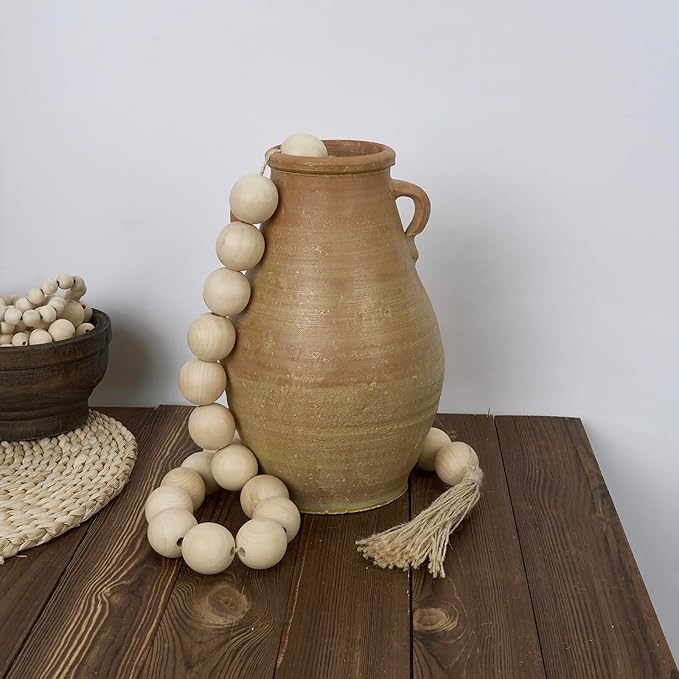 OMISHE 60" Long Extra Large Wood Bead Garland with 1.6" Diameter Wooden Beads and Tassels, Rustic Farmhouse Country Decorative Beads for Home Decor Tiered Tray Decor, Natural Beige