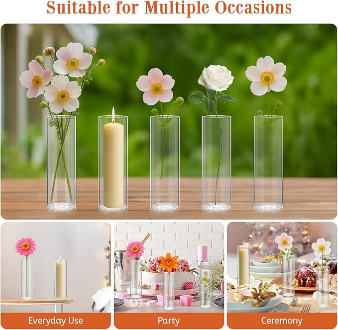 20 Pack 5.9" Tall x 1.8" Diameter Clear Glass Cylinder Vases - Multi-Use Flower Vase, Hurricane & Floating Candle Holders for Wedding Centerpieces, Home Decor, Table Displays