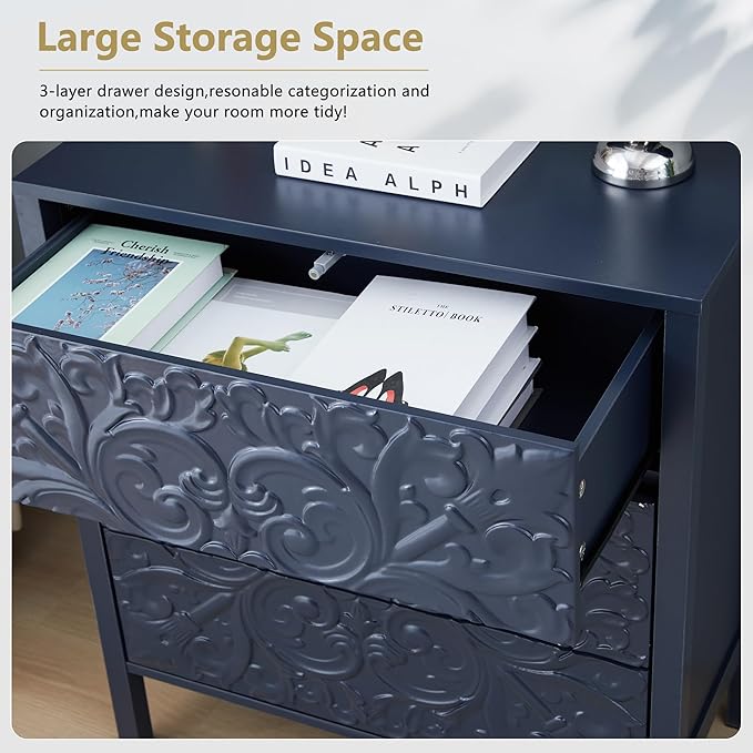 Carving 3 Drawer Dressers for Bedroom, Wide Chest of Drawers with Storage, Accent Luxury Nightstand Small Dresser for Hallway Living Room Entryway Office (1, Gray Blue)