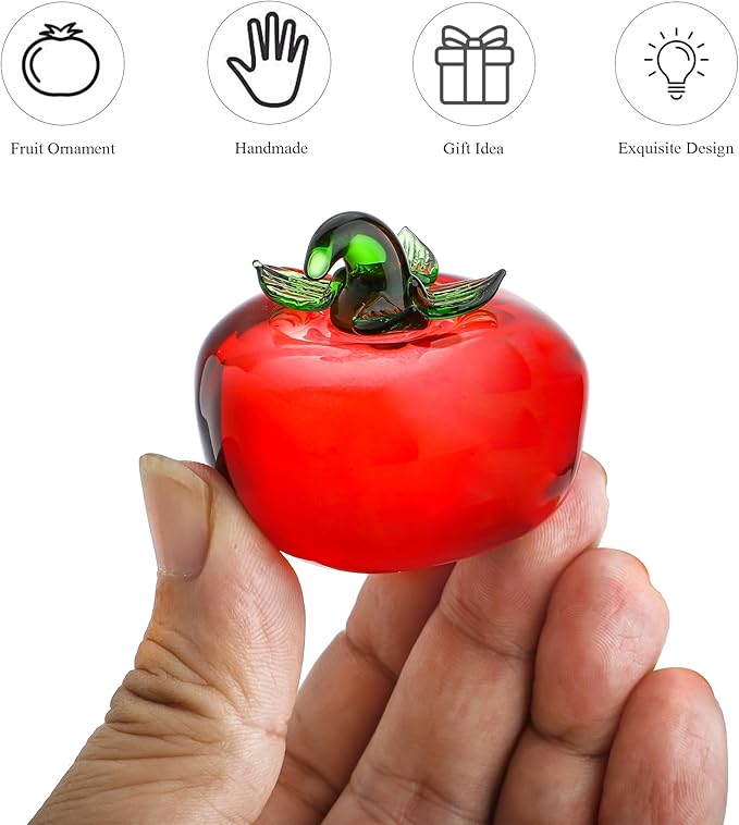 Hand Blown Glass Red Tomato Figurine Crystal Fruit Collectible Figurines Art Glass Miniature Ornament Tabletop Desk Paperweight for Women