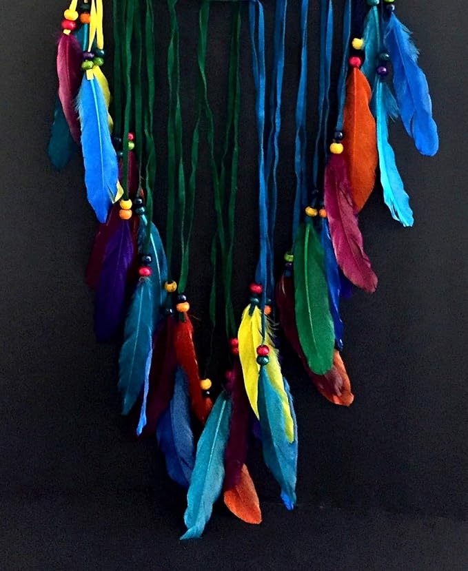 OMA Chakra Rainbow Dream Catcher, Tree of Life Design with Feathers and Beads, Rainbow Suede Authentic Traditional Dream Catcher Boho Home Decor - Large Size - 36" Long x 11" Diameter (Rainbow)
