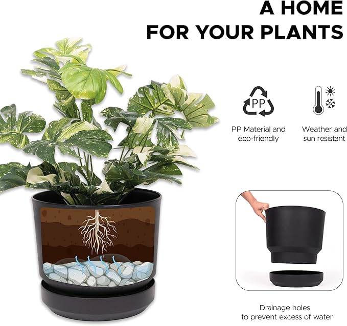 Elly Décor 14 inch Plastic Cylinder Planter Pot with Self-Watering Saucer and Drainage Hole,Lightweight & Extremely Durable, 14"x 14", Charcoal