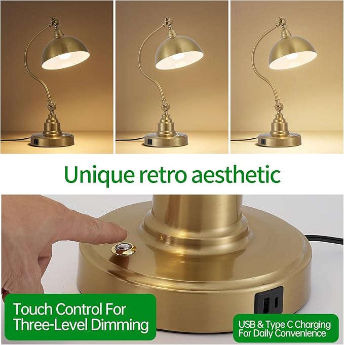 Vintage Brass Gold Desk Lamp Decorative Table Lamp for Home Office Living Room Bedroom Desk Light, Rustic Industrial Farmhouse Antique Library Study Desk Lamp E26 LED Bulb Included