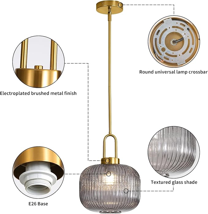 Modern Smoky Gray Glass Pendant Light Fixtures, Mid Century Pendant Lights for Kitchen Island, 9.8" Gold Adjustable Height Ceiling Hanging Light Fixtures for Dining Room Entryway Foyer Hallway