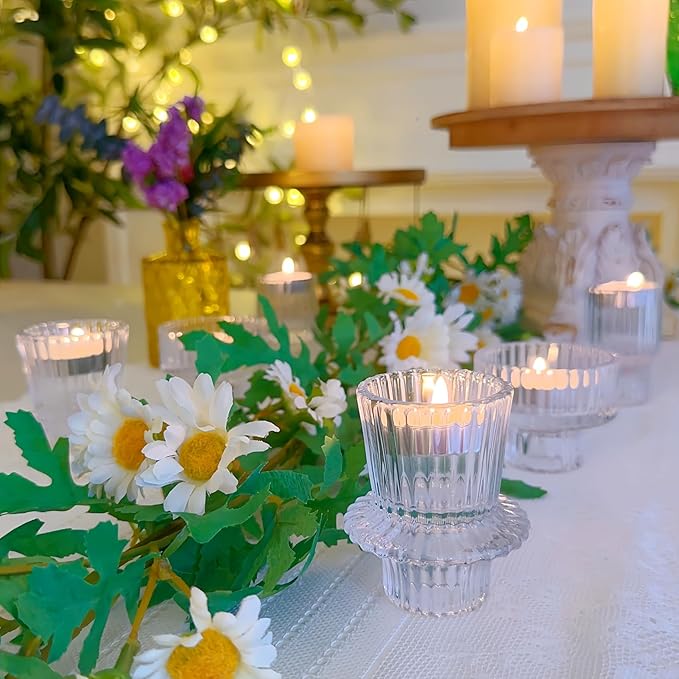 Double Sided Vintage Ribbed Taper Glass Candle Holders,Tea Candle Holder for Table Centerpieces, Wedding Decorations and Dinner Parties (Clear, 6 PCS)