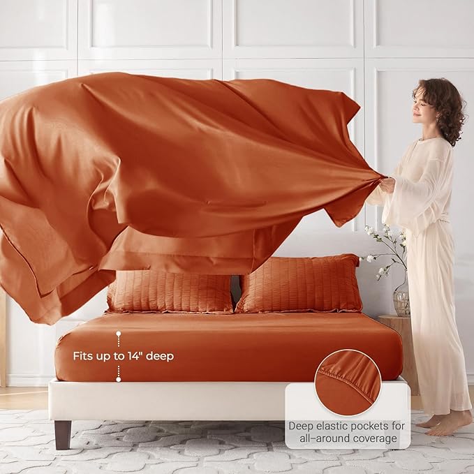 MUXHOMO 7 Pieces Queen Comforter Set, Seersucker Bed in a Bag Queen Size, All Season Luxury Bedding Set with Comforter, Flat Sheet, Fitted Sheet, Pillowcases & Shams, Burnt Orange