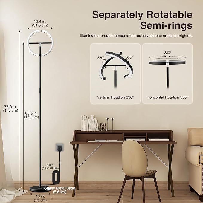 FIMEI Split Floor Lamp Modern LED Rotatable Floor Lamp, Eye-Protection Reading Standing Lamp with Stepless Dimming and 3000K-6000K Color, Separately Rotatable Design, Black