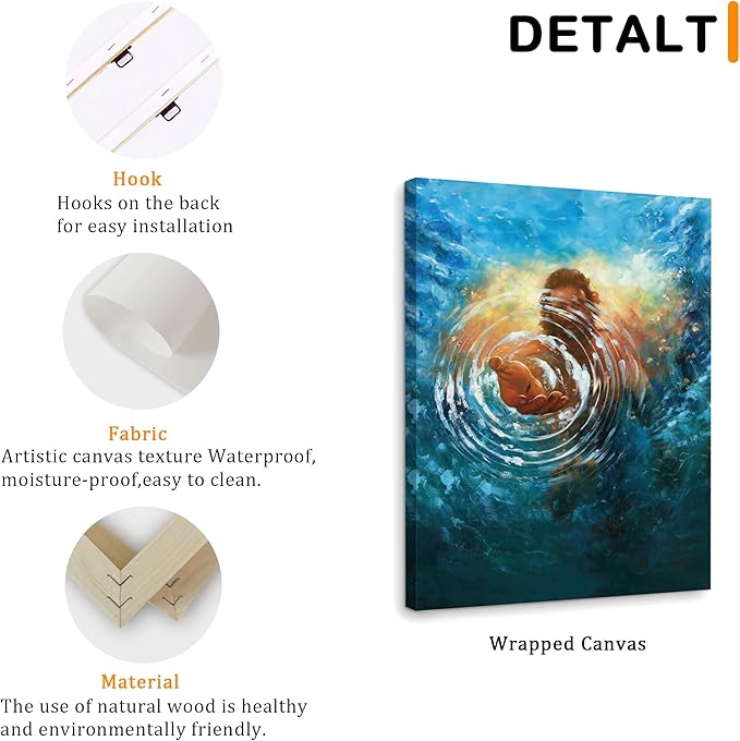 Framed Jesus Christ Canvas Wall Art The Hand of God Jesus Reaching Into Water Christian Painting Prints Biblical Wall Decor Religious Room Decor for Church Prayer Room Schools Hospitals 12" x 16"