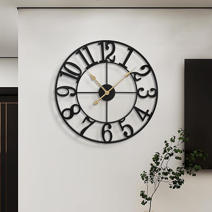 LEIKE Large Wall Clocks,Silent,Non Ticking,Battery Operated Big Retro Round Modern Metal Wall Clock for Living Room, Bedroom,Dinning Room,Farmhouse,Office,Home Decor-20 Inch(Black-Arabic Number)