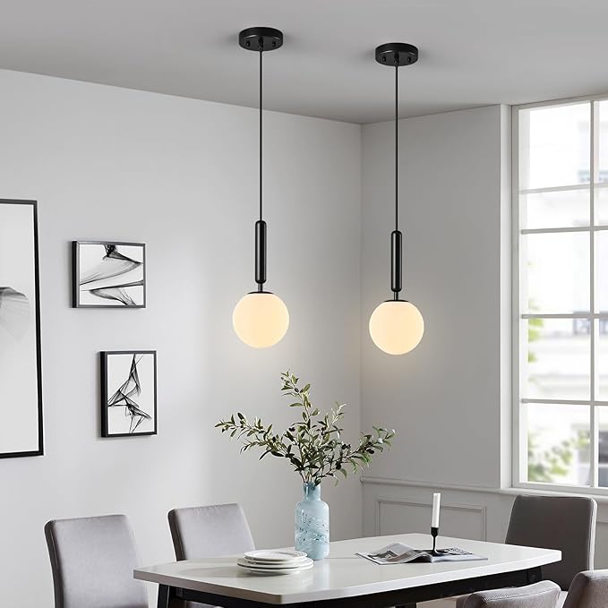 Modern Hanging Light Fixture Pendant Lighting for Kitchen Island Mid Century Black Pendant Lights with Globe Milky White Glass Pendant Light for Bedroom Bathroom Entryway (2 Pack)