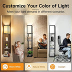 OUTON Floor Lamp with Shelves, LED Shelf Floor Lamp with 1 USB & 1 Type C Ports, 1 AC Outlet, 3 Color Temperature, Storage Display Wood Column Tall Standing Lamp for Living Room, Bedroom Office, Black