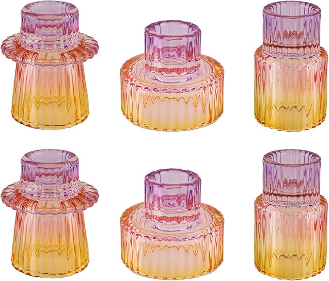 Double Sided Vintage Ribbed Taper Glass Candle Holders,Tea Candle Holder for Table Centerpieces, Wedding Decorations and Dinner Parties (Purple-Pink-Yellow, 6 PCS)