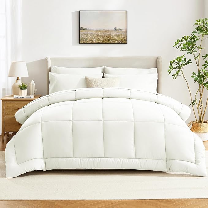 CozyLux Full Size Comforter Set Ivory - 7 Pieces Bed in a Bag, Cream Off White Comforter Full Size, Bedding Sets with All Season Quilted Comforter, Flat Sheet, Fitted Sheet, Pillowcases