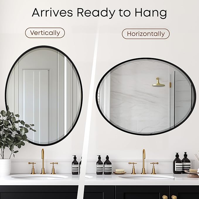 OVALCREST - Oval Wooden Beveled Wall Mirror for Home Decor, Bathroom, Vanity, Bedroom, Living Room, Hallway - London Style (Matte Black) 19.1 x 25.1