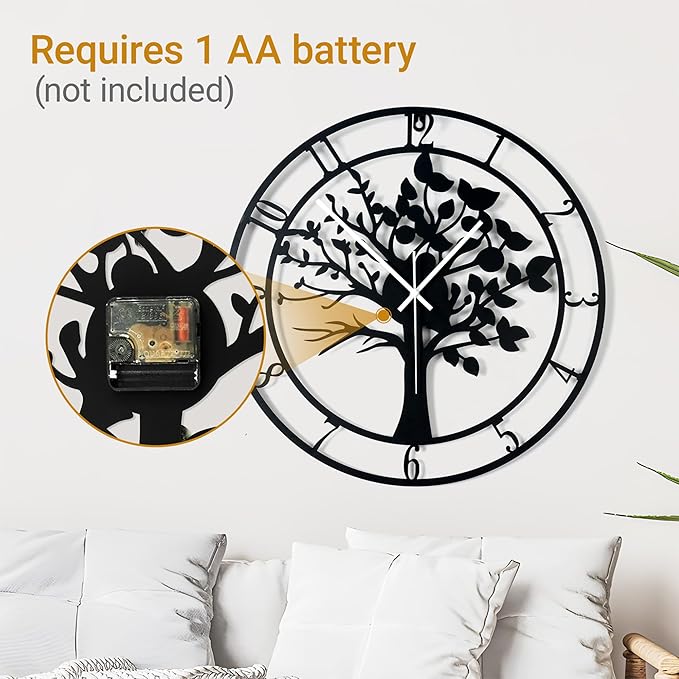 24inch/60cm Large Tree of Life Wall Clocks for Living Room Decor,Bedroom,Battery Operated Big Metal Decorative Analog Silent Non Ticking Wall Clock,Room Wall Decor (Tree of Life, 24 inches)