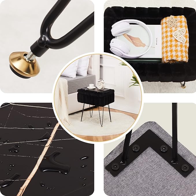 Wimarsbon Storage Ottoman, Vanity Stools with Metal Legs, 16.5" x 11.8" x 18" Modern Faux Mink Fur Footstool, Makeup Chair with Anti-Slip Feet, Accent Table,Footrest,Storage Bench for Bedroom