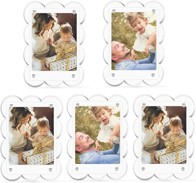 5 Pack 3x4 Inch Acrylic Polaroid Magnets Picture Frame for Refrigerator, Scalloped Clear Frames for Instax Photo, Wallet Size Mini Frame for Fridge