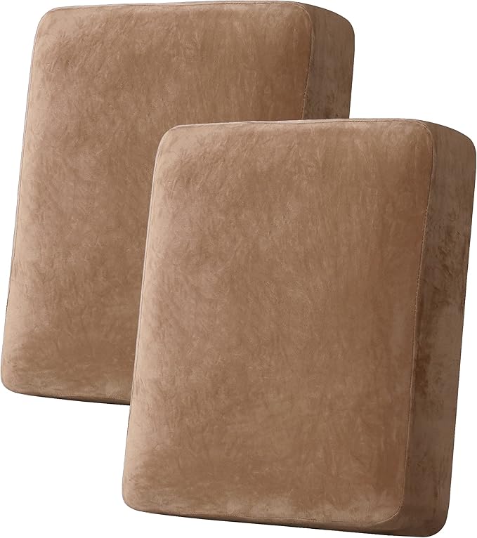 H.VERSAILTEX Velvet Stretch Couch Cushion Cover Plush Cushion Slipcover for Chair Loveseat Sofa Cushion Furniture Protector Seat Cushion Sofa Cover (2 Piece Medium Sofa Cushion Covers, Camel)
