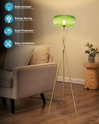 Lightdot Glass Tripod Floor Lamp for Living Room, Modern Gold Standing Lamp with Green Ribbed Glass Lampshade, Arc Tall Lamp for Bedroom Office Reading Room, (LED Bulb Included)