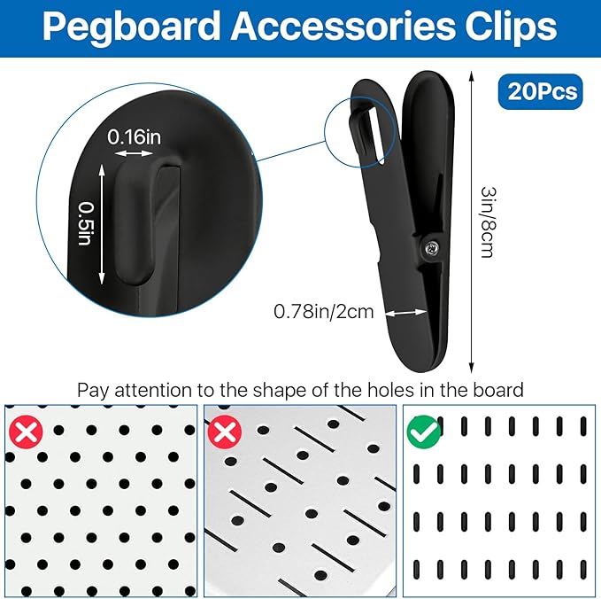 Black Pegboard Clips, 20 Pcs Metal Pegboard Accessories Clips, Pegboard Clips for Hanging Photos, Pegboard Attachment Clips for Kitchen, Bathroom, Living Room, Office