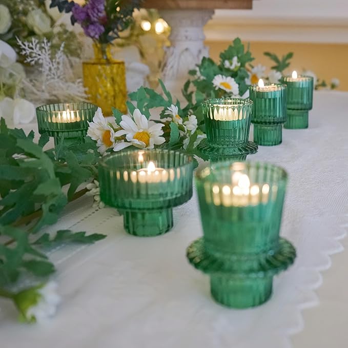Double Sided Vintage Ribbed Taper Glass Candle Holders,Tea Candle Holder for Table Centerpieces, Wedding Decorations and Dinner Parties (Green, 6 PCS)