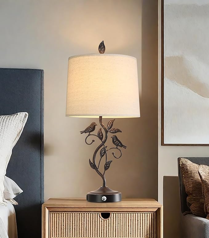 27" Set of 2 Touch Farmhouse Table Lamps for Living Room with 3-Way Dimmable 2 USB Ports, Vintage Rustic Iron Leaf Nightstand Lamp for Bedroom, LED Bulb Included (‎Bronze)