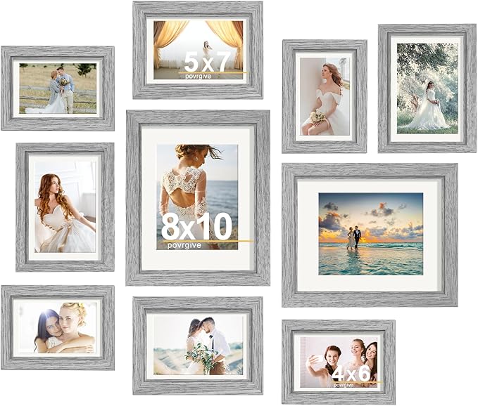 Picture Frames Set of 10 Gray Wood Grain, Bulk MDF Frames for 8x10, 5x7, 4x6 Photos Real Glass for Wall or Tabletop