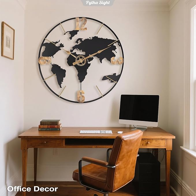 24 Inch Large Wall Clock,Modern Decorative Big World Map with Vintage Gold Arabic Numeral Extra Giant Metal Oversized Wall Clocks for Living Room,Office,Kitchen,Dining Room,Bedroom