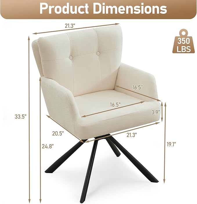 Fabric Dining Chair Modern Upholstered Swivel Dining Room Chairs Comfy Accent Armchair with Mid Back, Desk Arm Chair No Wheels for Kitchen/Living Room/Dining Room, White