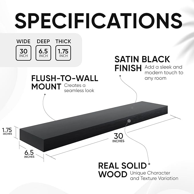Homeforia Black Floating Shelves 30 inches Long, High End Solid Real Wood 30 inch Floating Shelf for Wall Mounted, Black Wooden 30in Floating Shelves, Heavy Duty Bracket, 30 X 6.5 X 1.75 in, Set of 3