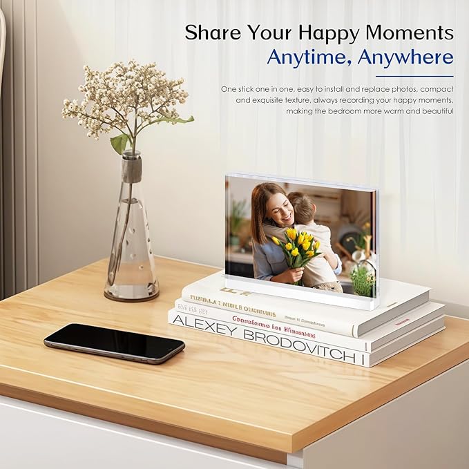 4-Pack 4x6 Acrylic Frame – Concealed Magnetic Free-Standing Horizontal Display, Clear Frameless Acrylic Frames for Pictures, Artworks, Postcards or Photo Prints on Desk, Shelves, and Office Decor