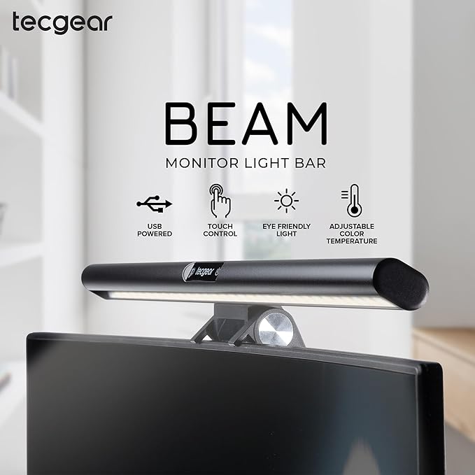 Beam Monitor Light Bar, LED Light Bard for Eye Caring, e-Reading, LED Desk Lamp with Auto-Dimming, Touch Control, No Screen Glare, Space Saving, Home Office Task Lamps (Black (Non-RGB))