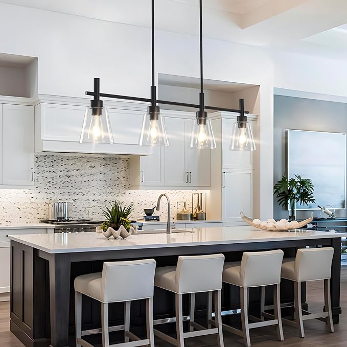 Black Kitchen Island Lighting Linear Chandeliers with Glass Shades Hanging Farmhouse Pendant Light Fixtures for Dining Room, 4 Lights
