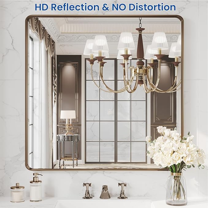 WEER Bronze Bathroom Mirror 36x36 Inch, Farmhouse Oil Rubbed Frame for Wall, Aluminum Alloy Brushed Metal, Vanity, Tempered Glass, Anti-Rust (Horizontal/Vertical)